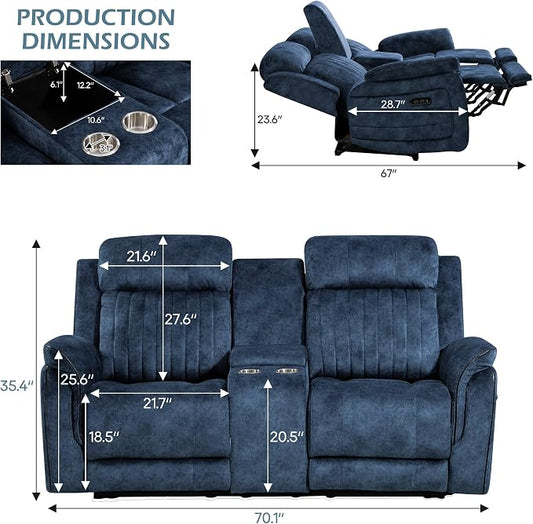 Power Zero Gravity Reclining Loveseat with Adjustable Headrest, Double Reclining Loveseat with Console, Power Loveseat Recliner with USB & Type-C Ports for Living Room (Blue)