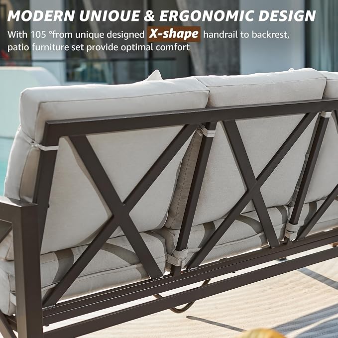 NATURAL EXPRESSIONS Patio 3 Seater Sofa Patio Furniture Set Outdoor Deep Seating Couch with 6.5'' Thick Olefin Cushion,High Back Metal Frame for Garden,Front Porch, Deck, Balcony, Backyard