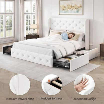 LARMACE Full Size Bed Frame with 4 Storage Drawers and 47.2" Tall Wingback Headboard Velvet Upholstered Platform Bed Frame Tufted Beds with Wooden Slats Support, Easy Assembly, White
