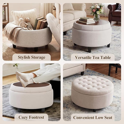 COLAMY Round Hidden Storage Ottoman with Reversible Tray Lid – Multi-Functional Footrest, Sturdy & Stylish Fabric Coffee Table for Living Room, Bedroom, or Entryway, Beige