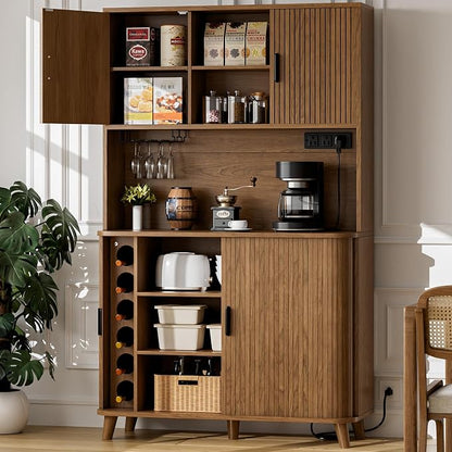 Lulive 71" Tall Pantry Cabinet with Rolling & Sliding Doors, 39" Wide Kitchen Storage Cabinet with Charging Station and Open Countertop, Modern Kitchen Pantry Cabinet for Dining Room, Walnut