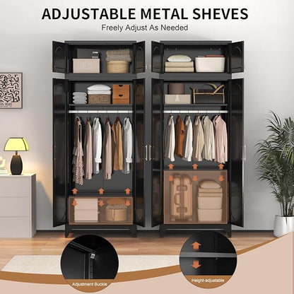 86" Metal Wardrobe Cabinets,Black Armoire Wardrobe Closet with Hanging Rod,Clothes Storage Cabinet with Adjustable Shelves and Doors,Clothing Cabinet for Bedroom, Office, Laundry Room