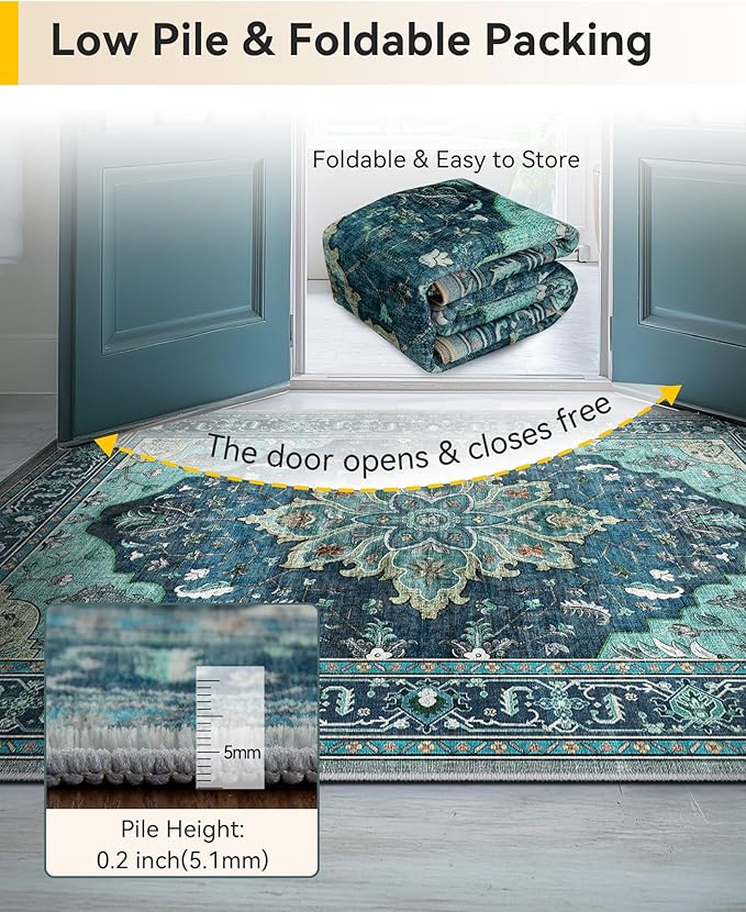 RELEANY Area Rugs Runner 2'6"x10' Washable Non-Slip, Floral Vintage Distress Medallion Carpet for Kitchen Hallway Bedroom Beside Laundry Room Bathroom, Teal Green Lake Blue Turquoise