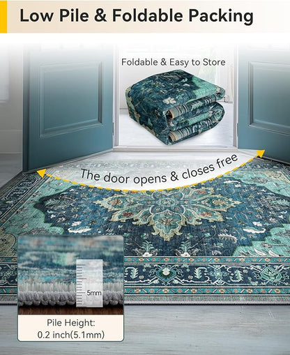 RELEANY Area Rugs Runner 2'6"x5' Washable Non-Slip, Floral Vintage Distress Medallion Carpet for Kitchen Hallway Bedroom Beside Laundry Room Bathroom, Teal Green Lake Blue Turquoise
