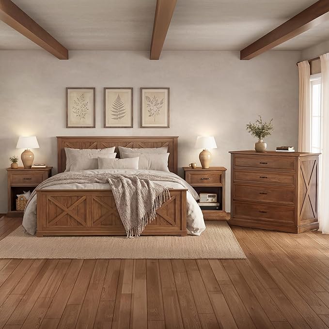 Harper & Bright Designs 4 Piece Bedroom Set, Farmhouse Queen Size Bedroom Furniture Sets with Wooden Platform Bed Frame, Bedroom Furniture Sets with 2 Storage Nightstands and Dresser, Walnut