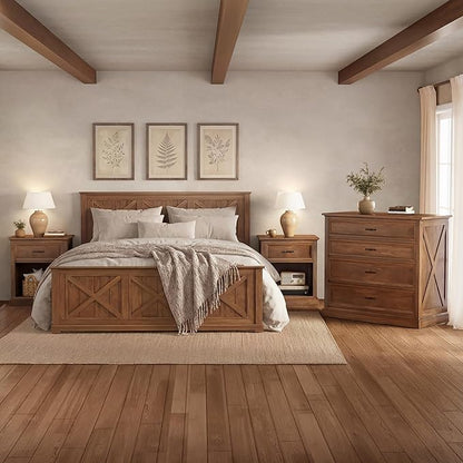 Harper & Bright Designs 4 Piece Bedroom Set, Farmhouse Queen Size Bedroom Furniture Sets with Wooden Platform Bed Frame, Bedroom Furniture Sets with 2 Storage Nightstands and Dresser, Walnut