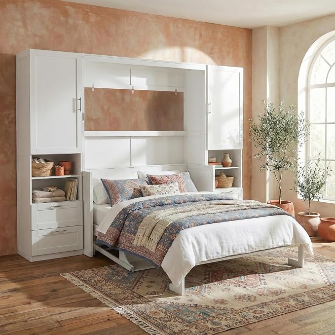 Merax Queen Size Murphy Bed with Desk, Multifunctional Foldable Wall Bed with Closet, Drawers and Shelves, Space-Saving Wood Platform Bed Frame for Small Spaces Studio Study Office Guest Room, White