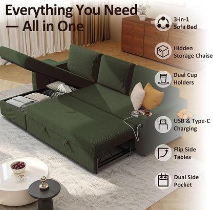 Ball & Cast 80" Sectional Sleeper Sofa Bed Pull Out Couches for Living Room | L Shaped Convertible Pull Out Sofa Bed with Storage Chaise, Foldable Table, USB Port, Cup Holder, Side Pocket for Small Space