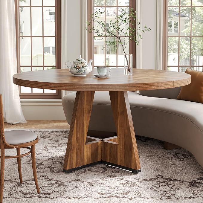 LITTLE TREE Round Dining Table for 4-6 People, 47 Inches Dining Room Table with Wooden Pedestal Base, Brown Dinner Tables, Circle Kitchen Tables for Dining Room, Kitchen, Living Room(Table Only)