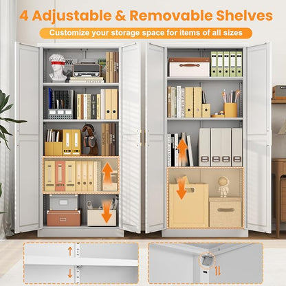 71" Metal Pantry Cabinet,Storage Cabinet with Doors and Shelves | Metal Storage Cabinet,Gold Handles,Adjustable Shelves,Magnetic Doors,Leveling Feet,Anti-tipping,for Kitchen/Garage White