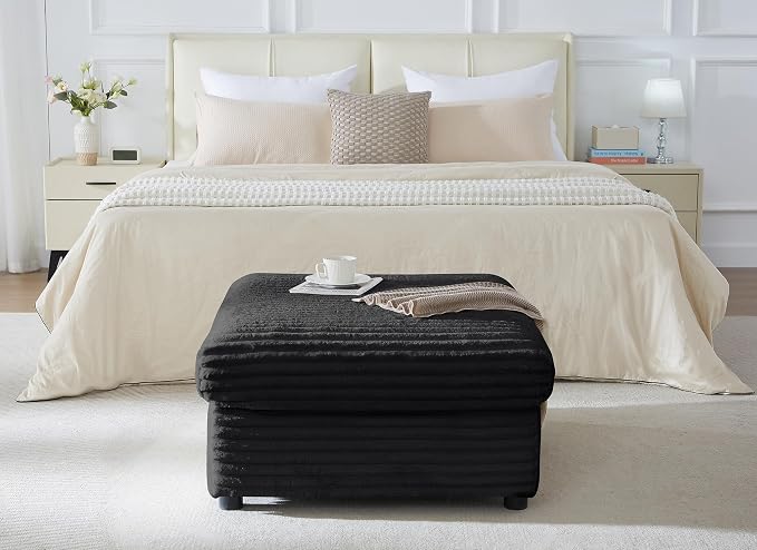 35" Corduroy Ottoman with Storage, Oversized Storage Ottoman for Living Room, Large Square Ottoman for Sofa Couch, Black