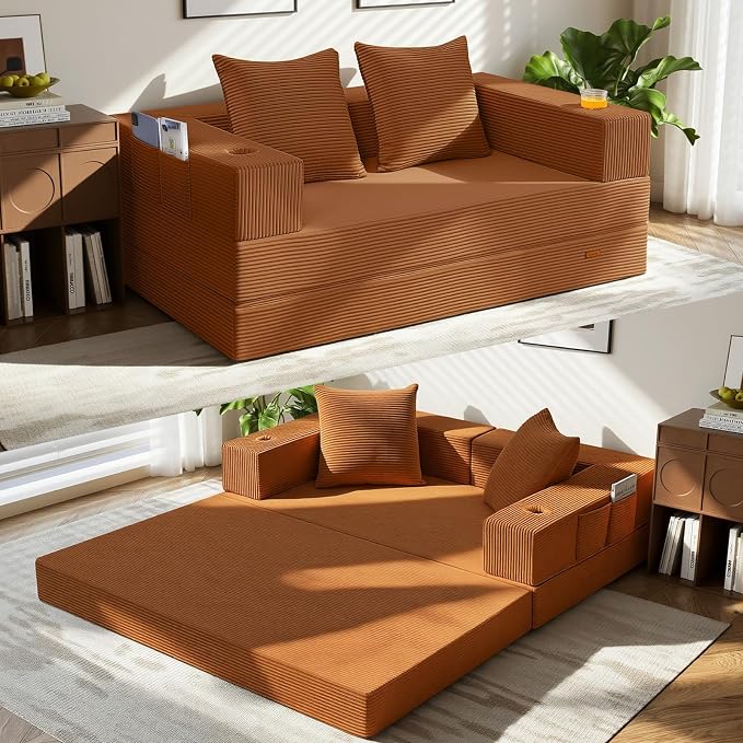 COMAX Futon Sofa Bed, Convertible Sofa Bed, Folding Boneless Couches | Boneless Couch for living room, Fold Out Small Foldable Loveseat Floor Sleeper Mattress Lounge Space‑Saving, Orange