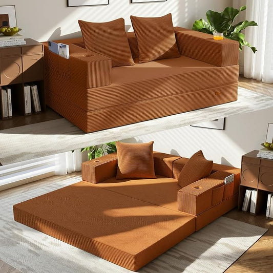 COMAX Futon Sofa Bed, Convertible Sofa Bed, Folding Boneless Couches | Boneless Couch for living room, Fold Out Small Foldable Loveseat Floor Sleeper Mattress Lounge Space‑Saving, Orange
