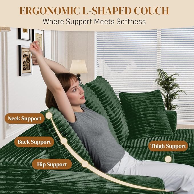 108" L Shaped Boneless Sectional Couches for Living Room, Comfy Corduroy Floor Cloud Sofa with Chaise, Wide Armrest, Deep Seat, Memory Foam, Assembly Free, Ideal for Small Spaces, Green