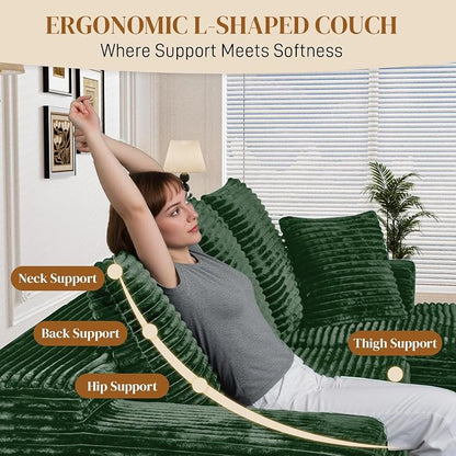 108" L Shaped Boneless Sectional Couches for Living Room, Comfy Corduroy Floor Cloud Sofa with Chaise, Wide Armrest, Deep Seat, Memory Foam, Assembly Free, Ideal for Small Spaces, Green