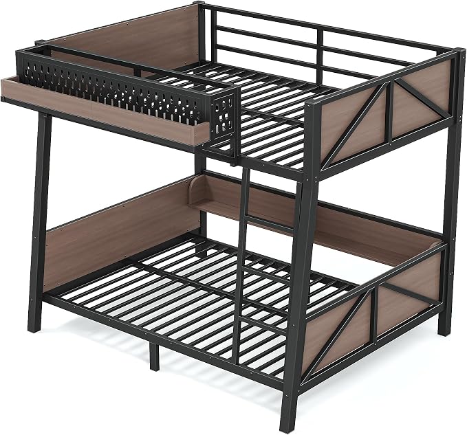 Bellemave Bunk Bed Twin Over Twin with LED, Heavy Duty Metal Bunk BedFrame with Storage Shelves and Lights, Black