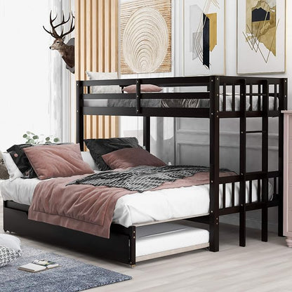 RUNNA Twin Over Twin/Queen Bunk Bed with Trundle, Pull-Out, Espresso | Twin over twin/queen bunk bed with trundle,stretchable pull-out bed,solid wood,guardrails,no box spring needed,espresso