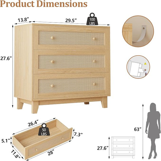 Rattan 3 Drawer Dresser for Bedroom, Small Boho Dresser with Wood Handles, Wood Nightstand, 29.52" Wide Modern Dresser, Chests of Drawers for Living Room, Entryway, Hallway, Natural Oak