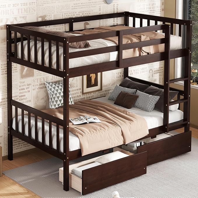 Harper & Bright Designs Twin Over Twin Bunk Bed with 2 Drawers, Convertible into 2 Twin Beds, Twin Bunk Bed with Ladder and Safety Guardrails, Espresso