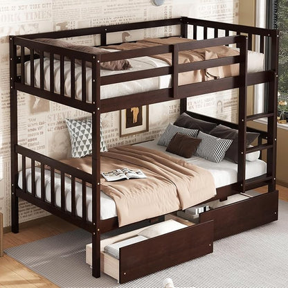 Harper & Bright Designs Twin Over Twin Bunk Bed with 2 Drawers, Convertible into 2 Twin Beds, Twin Bunk Bed with Ladder and Safety Guardrails, Espresso