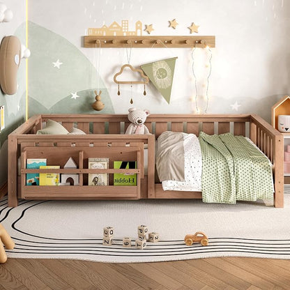 Bellemave Twin Size Montessori Floor Bed with Slats and Fence, Twin Size Montessori Bed with Rails and Bookcase, Easy Assemble Floor Beds Frame, Natural