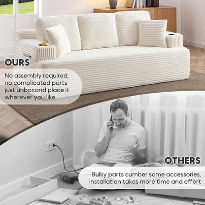 Boneless Sofa Couch Set with Cup Holders & Side Pockets, Modern Corduroy Fabric Upholstered 3-seat Couch & Loveseat Set with 4 Throw Pillows for Living Room, Office, No Assembly (Beige)