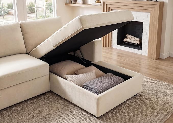 HONBAY Sectional Sleeper Sofa with Pull-Out Bed Storage Chaise, 6 Seaters Couch for Living Room, Beige
