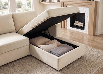 HONBAY Sectional Sleeper Sofa with Pull-Out Bed Storage Chaise, 6 Seaters Couch for Living Room, Beige
