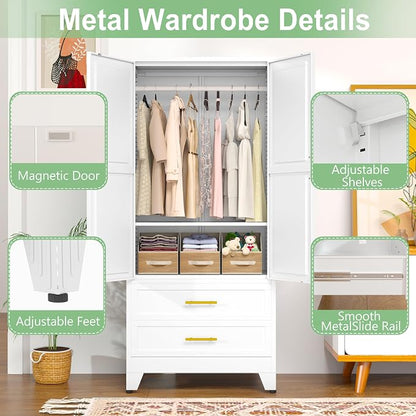 Ckzbx 71" H Metal Armoire Wardrobe Closet with Mirror, Adjustable Shelves, Clothes Drying Pole, Steel Wardrobe Cabinet for Bedroom (2 Drawers White)