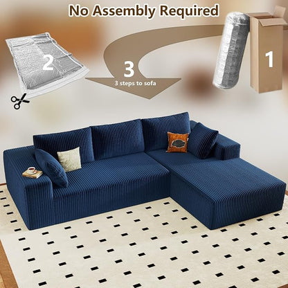 96" Modular Sectional Couch, Boneless L Shaped Cloud Sofa with Chaise Lounge, Corduroy Upholstered Couches Memory Foam Deep Seat, No Assembly Required, Ideal for Living Room(Blue, Right Facing)