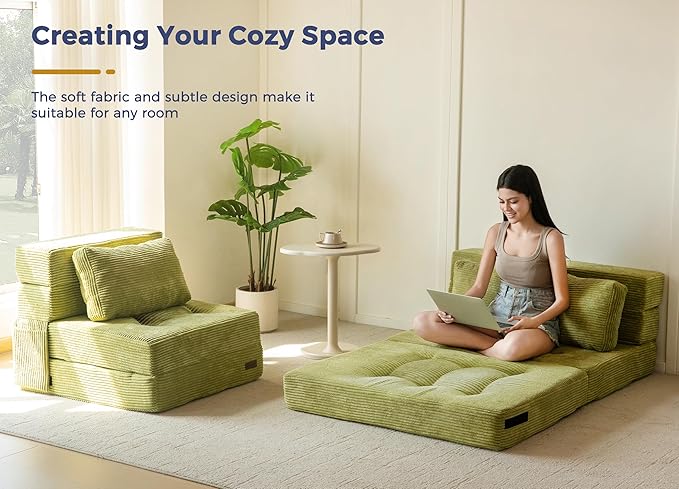 MAXYOYO Convertible Sofa Bed, Fold Out Sofa Couch with Pillow, 4 in 1 Tufted Folding Couch Bed Foam Floor Couch, Lazy Chair for Living Room Bedroom Guest Room, Green