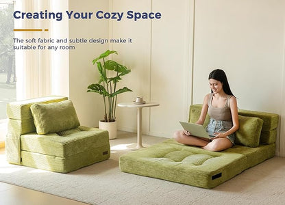 MAXYOYO Convertible Sofa Bed, Fold Out Sofa Couch with Pillow, 4 in 1 Tufted Folding Couch Bed Foam Floor Couch, Lazy Chair for Living Room Bedroom Guest Room, Green