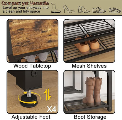 HOMEFORT Shoe Bench,3 Tiers Shoe Rack Bench,31.5" Shoe Storage Bench for Entryway, Retro Industrial Entry Bench with Mesh Shelves and Boot Storage,for Front Door Entrance, Rustic Brown