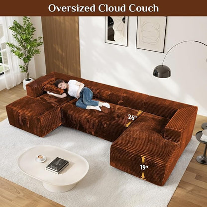131" Oversized U Shaped Cloud Sectional Couches for Living Room, Comfy Fluffy Corduroy Orange Boneless Sectionals Couch, Plush Memory Foam Modular Sectional Sofa with Chaise- 19" Seat Height