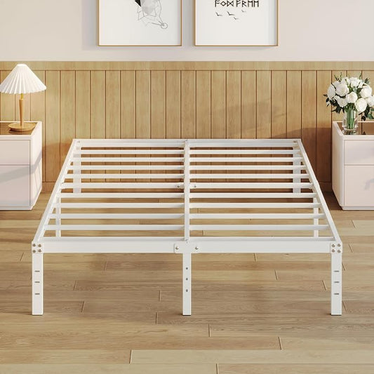 YUSENHEEI 14 Inch Queen Bed Frame No Box Spring Needed, Heavy Duty Metal Bed Frame Queen Size with Large Underbed Storage Space, Noise Free, Easy Assembly, White