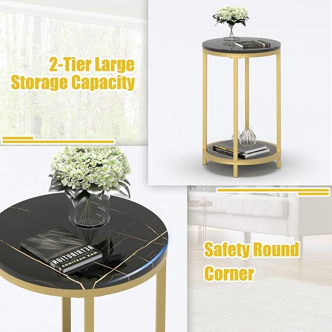 WiberWi Round Side Table Set of 2, Modern Nightstand End Table with Gold Metal Frame &Faux Marble Top, Accent Bedside Table for Living Room Bedroom Small Spaces with Storage Open Shelf,Black