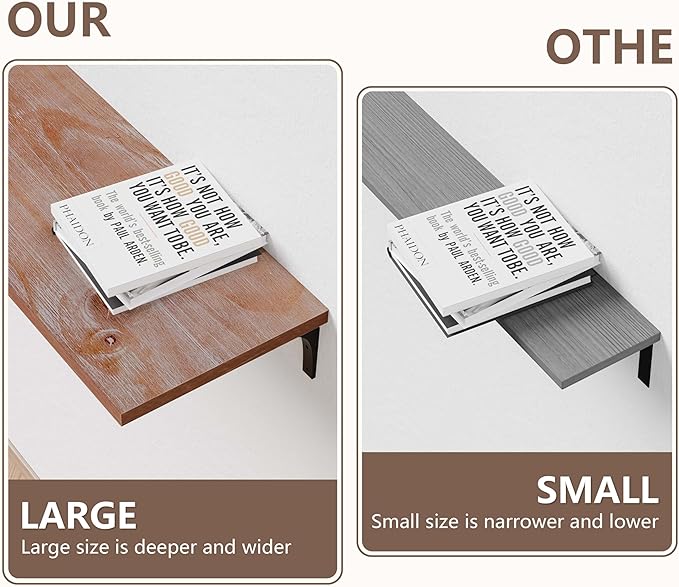 Deep Floating Shelves, 12 Inch Extra Wide Solid Wood Wall Shelves, 48 Inch Long Heavy Duty Wall Mounted Bookshelf for Living Room, Kitchen and Bedroom, Set of 3 (Brown)