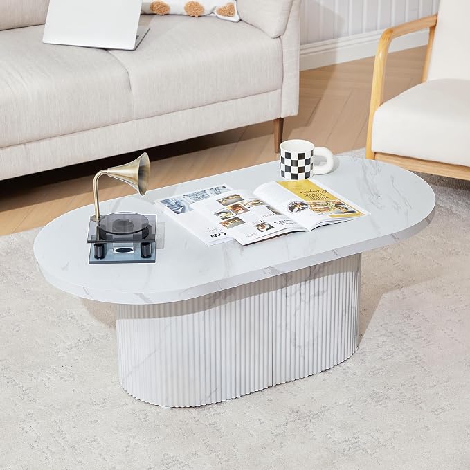 Oval Coffee Table, Modern Faux Marble Wood Coffee Table, Small Fluted Center Tea Table for Living Room,White