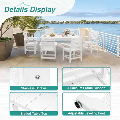 7 Piece Patio Dining Set, 66" Rectangle HDPS Weather Resistant Outdoor Table & 6 Patio Chairs Set with 1.96" Umbrella Hole, Heavy Duty Chairs for Backyard Balcony Deck, White