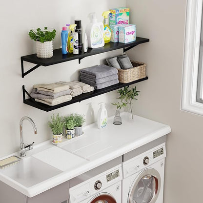 Axeman Floating Shelves for Wall Black- 48 Inch Wide x 12 Inch Deep Wall Shelves Set of 2 - Black Deep Wood Floating Shelves for Living Room Bedroom Laundry Room