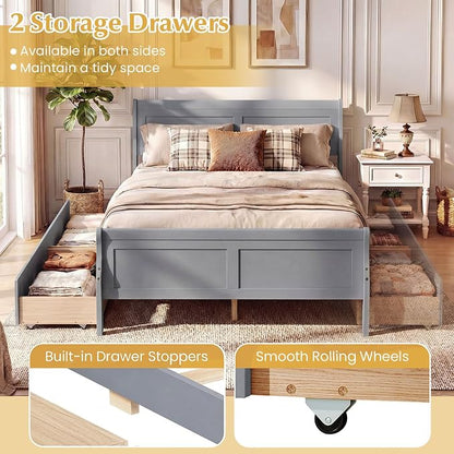 Giantex Full Bed Frame with 2 Storage Drawers, Wood Platform Bed with Headboard & Footboard, Wooden Slats Support Mattress Foundation, Sleigh Bedframe for Teens Adults, No Box Spring Needed (Grey)