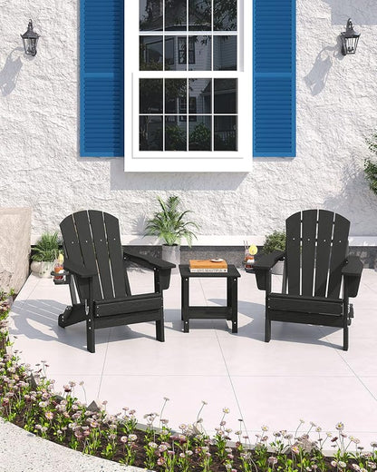 Garvee Folding Adirondack Chair Set of 2 with Side Table, HDPE Outdoor Patio Chair with Cup Holder, All Weather Resistent Wooden Textured for patios, Decks, Gardens, fire Pit, Black