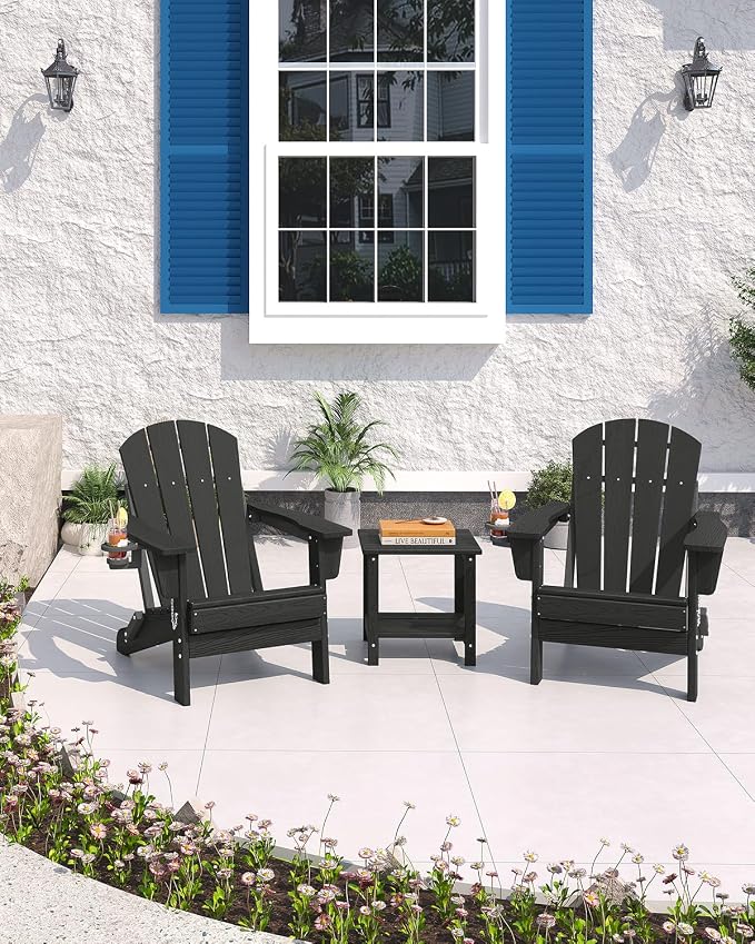 Garvee Folding Adirondack Chair, HDPE Outdoor Patio Chair with Cup Holder, All Weather Resistent Wooden Textured for patios, Decks, Gardens, fire Pit, Black