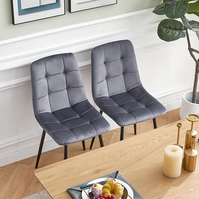 NORDICANA Grey Velvet Dinner Chairs Set of 2, Modern Armless Dining Side Chairs with Metal Legs for Kitchen Living Room Vanity