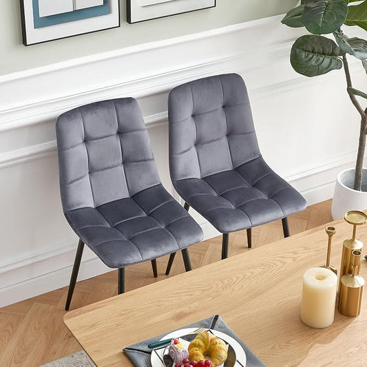 NORDICANA Grey Velvet Dinner Chairs Set of 2, Modern Armless Dining Side Chairs with Metal Legs for Kitchen Living Room Vanity