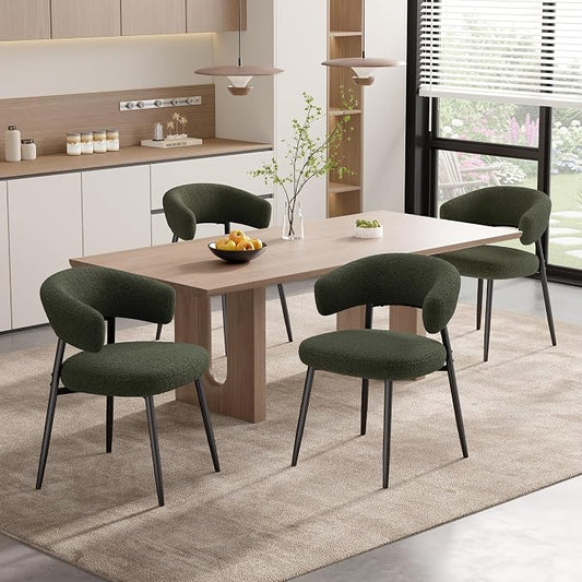 Dining Chairs Set of 4, Mid Century Modern Kitchen Chairs, Boucle Upholstered Dining Chair with Curved Backrest & Metal Legs for Kitchen Dining Room, Green