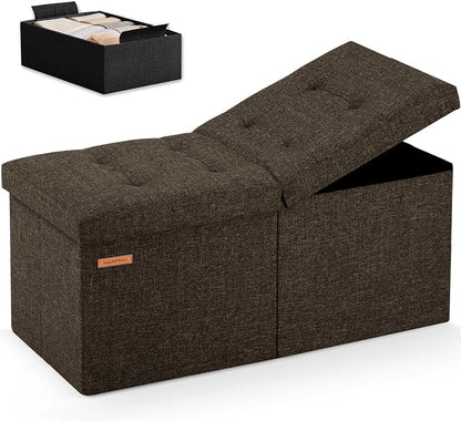 HAUSFRAU 31.5 Inches Ottoman with Storage Bench, Folding Ottoman Bench Small Foot Rest Stool, Bedroom Bench with Flipping Lid, Linen Espresso