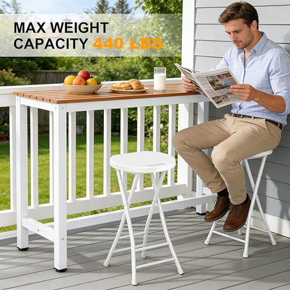 24 Inch Folding Stool, Portable Folding Stool with Handle & Non-Slip Feet, Sturdy 440lbs Capacity Folding Bar Stool for Kitchen, Camping, Fishing, White