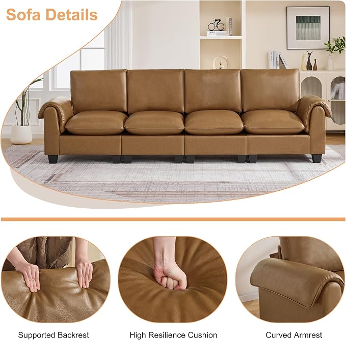 118" Faux Leather Modular Sectional Upholstered Sofa, Oversized 4 Seater Couch with Curved Armrests, Cloud Modern Upholstered Deep Seat Sofa for Living Room, Light Brown