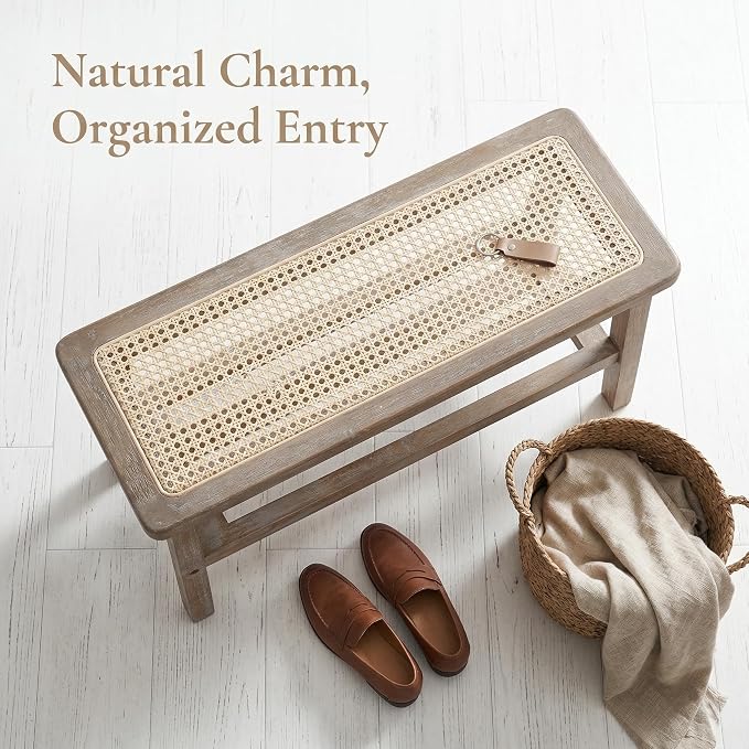 ROCITY Rattan Entryway Bench Wood Bench with Shoe Rack 30 Inch Small Bench Seat Storage Indoor Distressed Wooden Dining Bench Farmhouse Vintage Rustic Accent Bench for Porch/Dining Room/Living Room